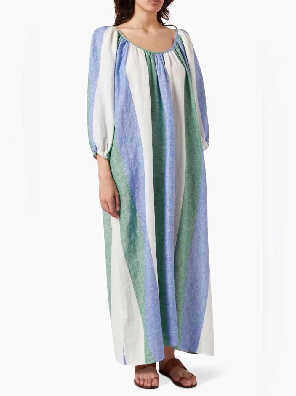 Greek Archaic Kori Multicolor Striped Linen Maxi Dress Cover Up S/M